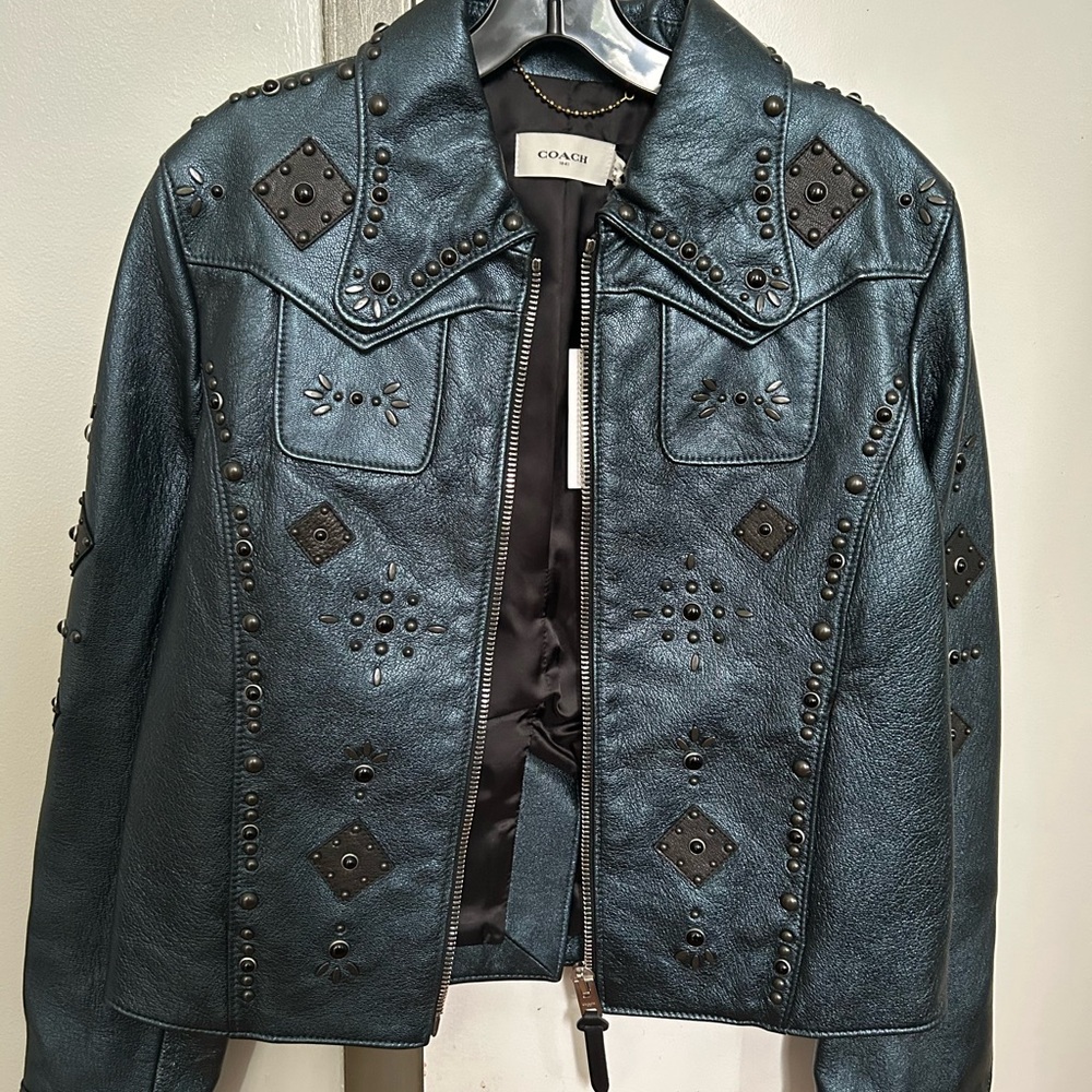 Coach Prairie Rivets Metallic Leather Jacket